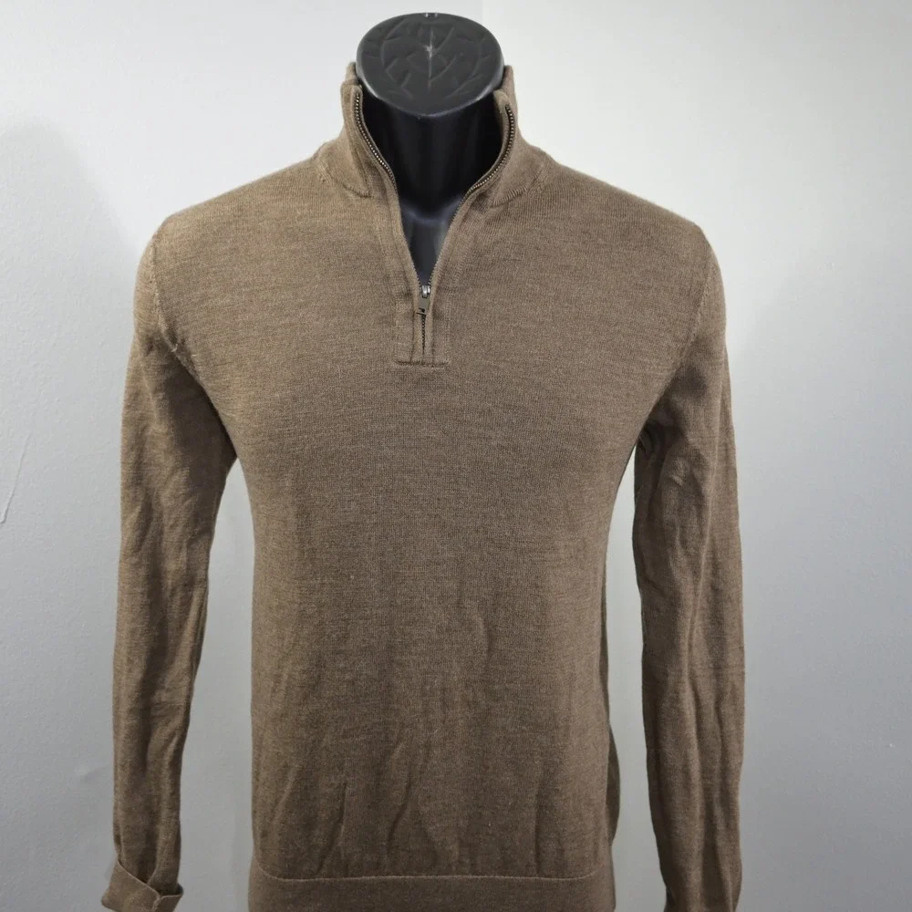 Banana Republic 1/4 Zip Sweater Mens S Brown 100% Merino Wool Solid Mock Neck